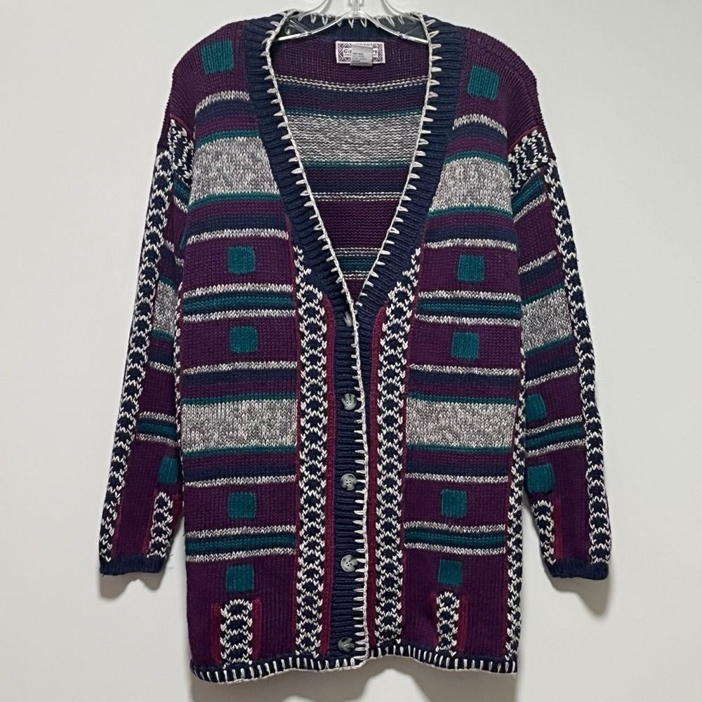 Gina Peters Vintage Geometric Purple Button Down chunky knit Cardigan
Sweater
